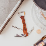 Wine opener laser engraved with I love you always on a white tabletop with wine glasses by Legacy and Light