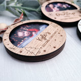 Three laser engraved photo Christmas Ornaments with holiday background