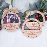 Three laser engraved photo Christmas Ornaments with holiday background