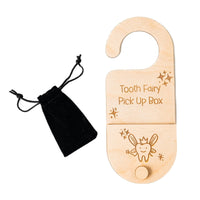 Wooden 'Tooth Fairy Pick Up Box' with a black drawstring bag on a white background