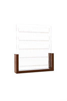 Beautiful clear acrylic freestanding earring holder with a rich wooden base. Displayed on a white background