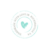Round logo stating "Handmade with Love in Ruckersville, Va" with a teal heart in the center.