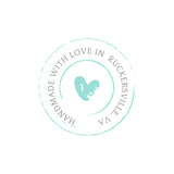 Round logo stating "Handmade with Love in Ruckersville, Va" with a teal heart in the center.