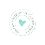 Round logo stating "Handmade with Love in Ruckersville, Va" and a teal heart in the center