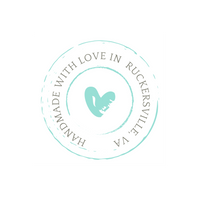 Round logo with "Handmade with Love in Ruckersville, Va" with a teal heart in the center