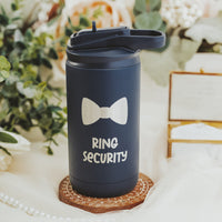 Midnight Blue 12-ounce flip-top straw, stainless steel tumber laser engraved with a Bowtie and the words Ring Securtiy directly beneath the image.