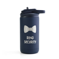 Midnight Blue 12-ounce flip-top straw, stainless steel tumber laser engraved with a Bowtie and the words Ring Securtiy directly beneath the image, against a white background.