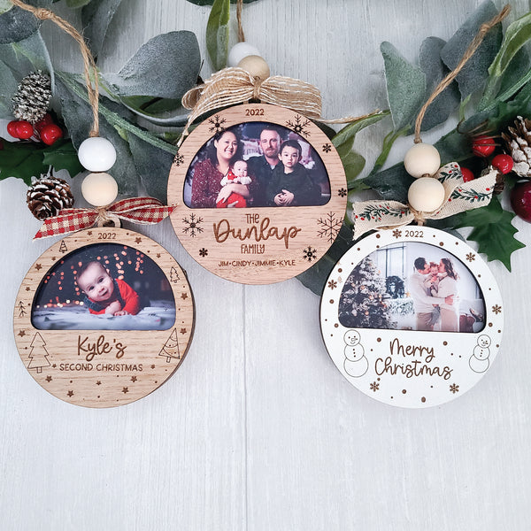 Three laser engraved photo Christmas Ornaments with holiday background