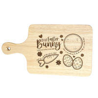 Rubberwood cutting board with Easter bunny snack tray design laser engraved- a carrot for you to enjoy and something for you to drink by Legacy and Light