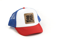 Red white and blue cap with leather patch with a monster truck and an American Flag