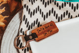 Wooden Engraved Don't Do stupid shit keychain on polka dot bag with teal zipper by Legacy and Light