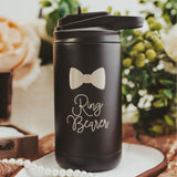 Matte Black 12-ounce flip-top straw, stainless steel tumber laser engraved with a Bowtie and the words Ring Bearer directly beneath the image.