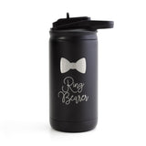 Matte Black 12-ounce flip-top straw, stainless steel tumber laser engraved with a Bowtie and the words Ring Bearer directly beneath the image the tumbler is set against a white background.