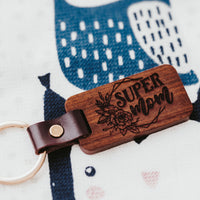 Super Mom with floral wreath on wood and leather keychain by Legacy and Light