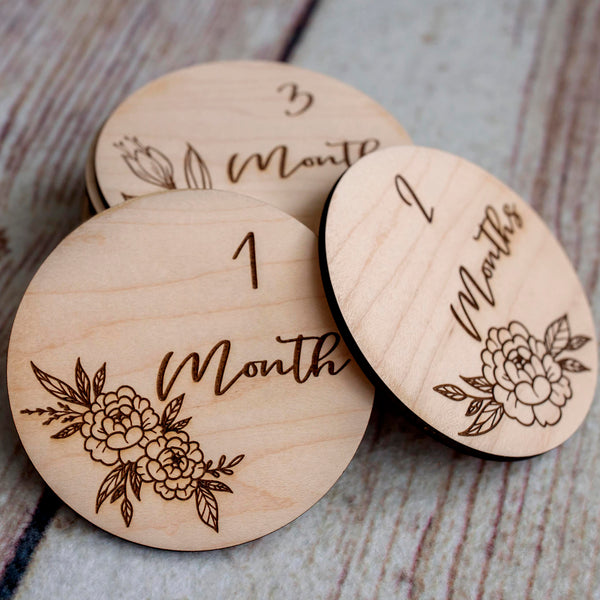 Set of Wooden baby milestone cards with a floral design for photographers and moms by Legacy and Light